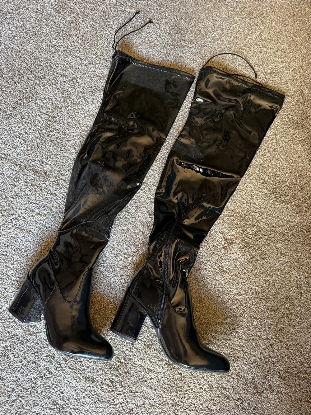 Patent Over-the-Knee Block Heel Boots - Black